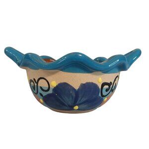 Mexican Pottery Clay Salsa Bowl Cazuelita Salsera Blue Orange